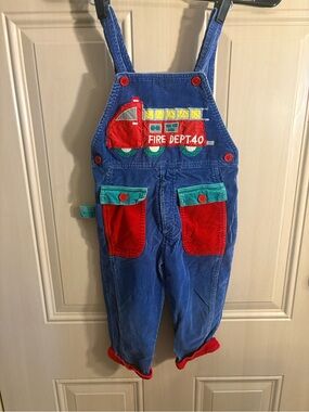 Hush Puppies Blue Corduroy Overalls with Red Fire Truck Applique Vintage 2T